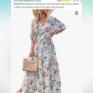 Loose Kimono Maxi Dress Wrap V-Neck 3/4 Sleeve Floral Print Slit Long Dress